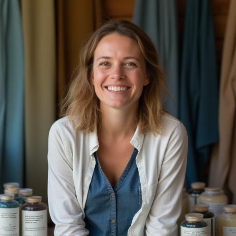 Portrait chaleureux du fondateur d'Atelier Indigo dans l'atelier, souriant parmi des échantillons de tissus teints naturellement.