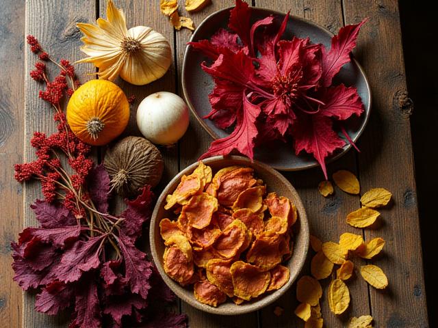 Sélection de plantes tinctoriales naturelles sur une table en bois
