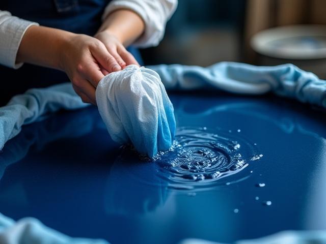 Mains plongeant du tissu dans un bac de teinture indigo, résultat bleu intense