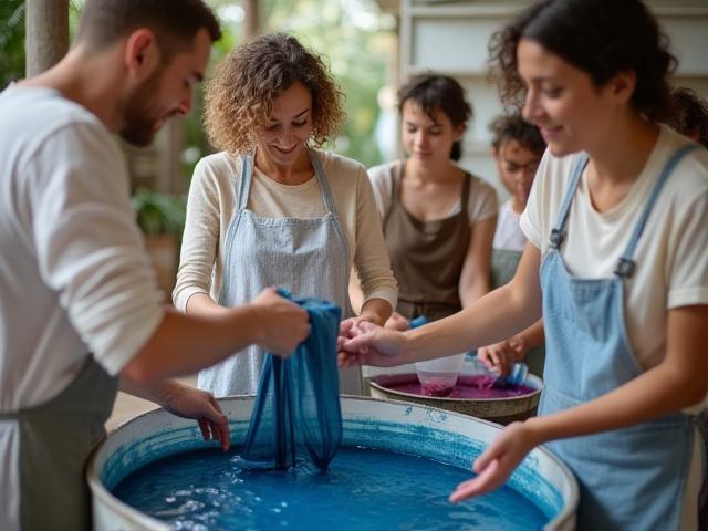 Participants apprenant la teinture naturelle