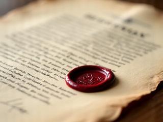 Un document juridique ancien avec un sceau à cire, symbolisant l'authenticité et la légalité.